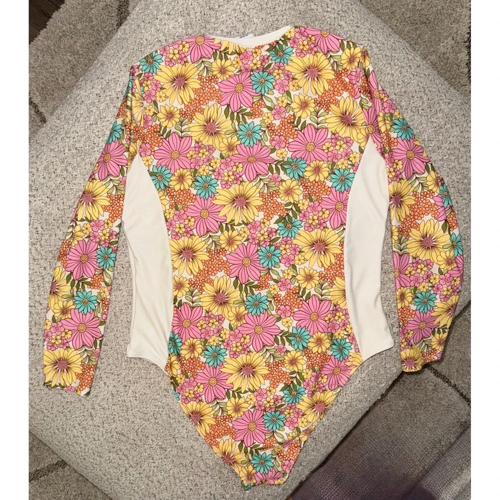 No Boundaries Girls Floral Long Sleeve One Piece Swimsuit XL 16-18 Rash Guard